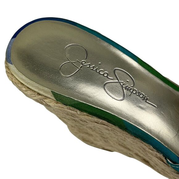 JESSICA SIMPSON Wedge Heels Pink Blue Green Plaid Buckle Open Toe GALVIN Sz 6 B - Picture 9 of 12